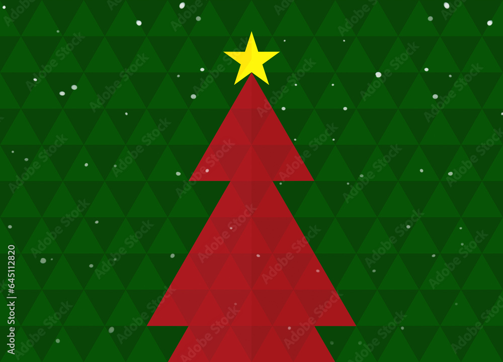 Poster red christmas tree with yellow star made of triangles on a green triangle background with snowfall. 