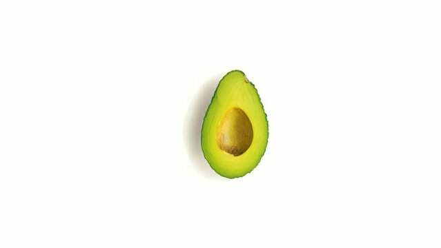 Seamless animation of avocado changing from whole to peeled on white background