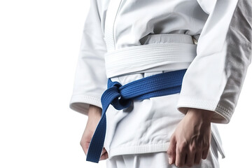 Man in a judo suit with blue belt isolated on white background. Generative AI - obrazy, fototapety, plakaty