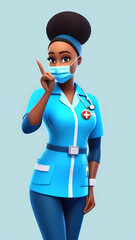 Cartoon 3D nurse character with a stethoscope smiling at the camera.