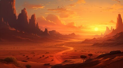Capture the warm hues of a desert sunset over rolling sand dunes, casting long shadows and evoking a feeling of vast solitude game art