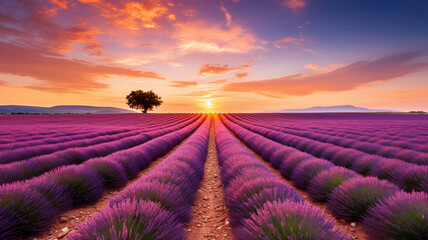 An enchanting image capturing the vast expanse of a lavender field in full bloom. AI Generative.