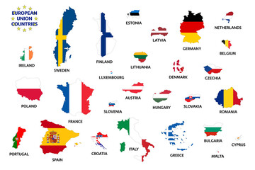 European Union countries with flags after Brexit. Member states of European Union without the United Kingdom. Simple vector illustration