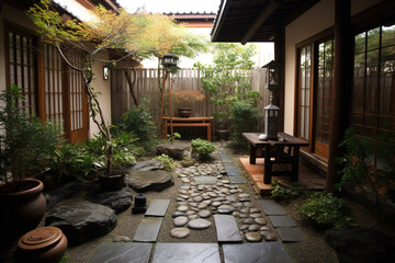 Fototapeta premium Outdoor japanese patio. Generative AI