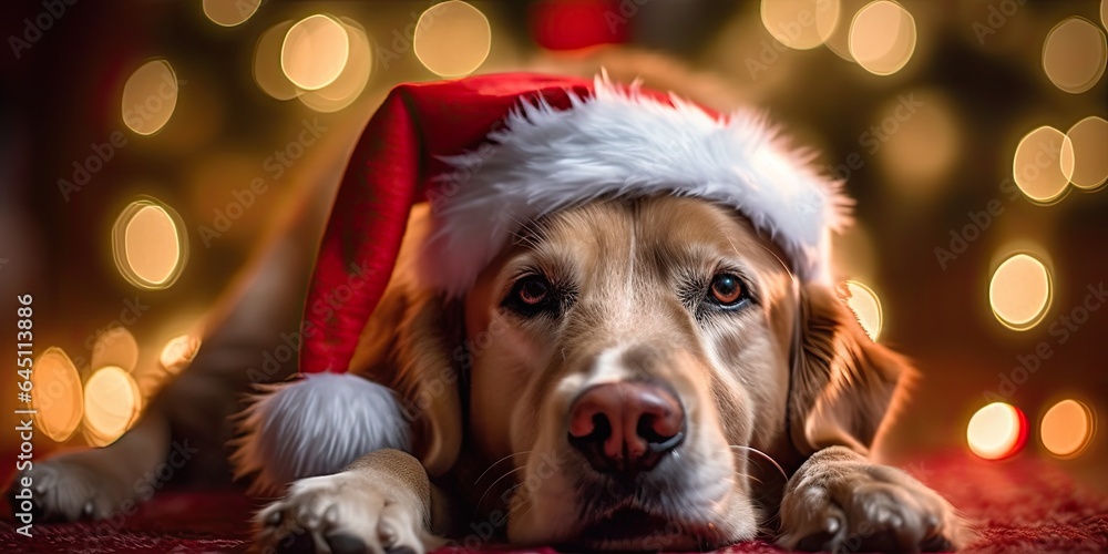 Wall mural A golden retriever in a red Christmas hat lies against the background of Christmas lights