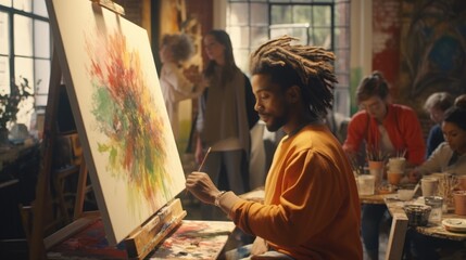 A black African American man with dreadlocks is a left-handed artist painting an abstract oil...