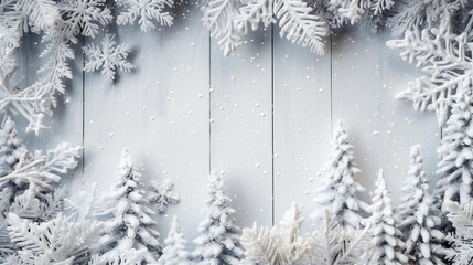 White wooden table background with snow and Christmas red decoration.