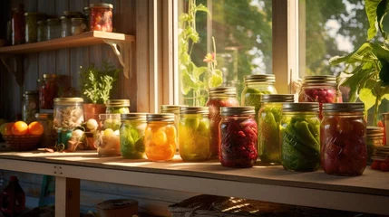 Foto op Plexiglas Rustic kitchen adorned with colorful jars of canned conservation fruits and vegetables neatly arranged on the table. Warm, cozy atmosphere. Healthy homemade food for the winter. © Jafree