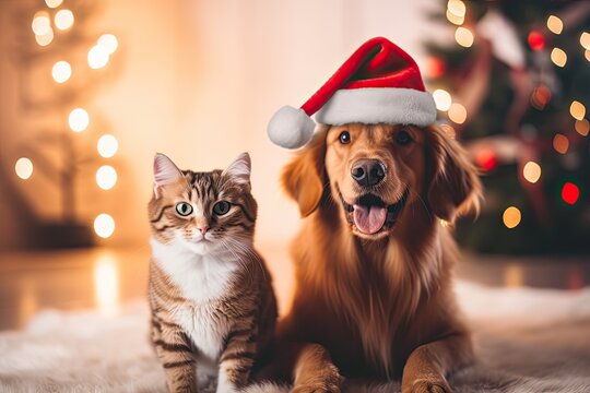 A golden retriever and a red cat in a red cap on the background of a Christmas tree and lights