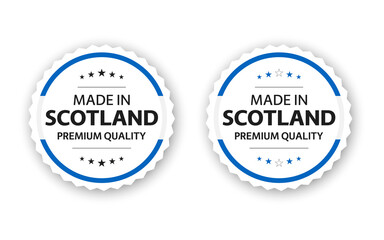 Set of two Scottish labels. Made in Scotland. Premium quality stickers and symbols with stars. Simple vector illustration isolated on white background