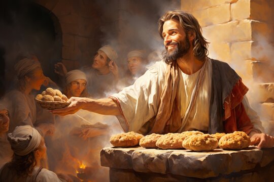 Jesus Christ fed bread to the poor , bible religion, gospels, ancient scriptures history, Jesus hands giving bread to poor , biblical story to feed hungry, charity.