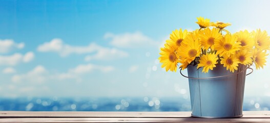 a bucket with yellow daisies on the table under a blue sky Generative AI