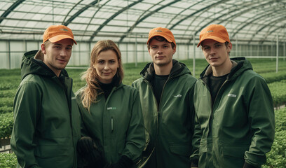 A greenhouse with lots of very healthy plants planted in vertical farming style soilfree in aeroponic towers. on the picture are 4 workers, male and female, wearing green workwear. Generative AI
