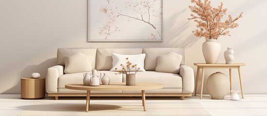 Design of warm and inviting living room with mock up poster frame, beige sofa, wooden coffee table, dried flower vase, round pillow, commode, vintage carpet, and personal items.