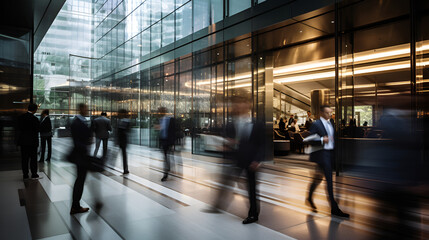 Modern office interior, of crowd of business people walking in bright office lobby. Long exposure photo capturing. Motion blur.