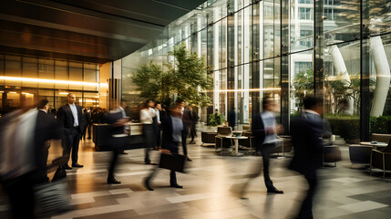 Modern office interior, of crowd of business people walking in bright office lobby. Long exposure photo capturing. Motion blur.