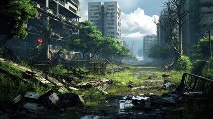 Fototapeta na wymiar Craft a desolate scene of urban decay, overgrown vegetation, and abandoned structures in a post - apocalyptic world game art