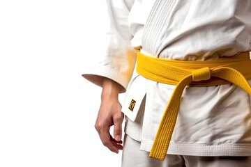 Man in a judo suit with yellow belt isolated on white background. Generative AI - obrazy, fototapety, plakaty