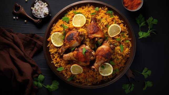 Chicken kabsa homemade arabian rice on dark table. Delicious pilaf with chicken, top view angle, generative ai