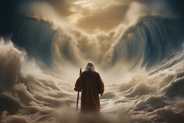 Religious biblical concept, the story of Moses parting the sea, flight from Pharaoh, the Jews, belief in God and Jesus Christ , the liberation of the Jews from Egyptian captivity, the miracle . - obrazy, fototapety, plakaty
