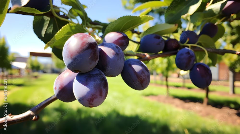 Wall mural Close up plums plant. Organic summer background with soft focus.