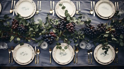 Table decorated with fresh grapes, healthy food creative image.