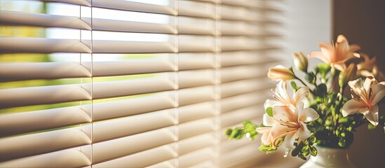 Focus on vintage light filtering blinds in living room interior. - obrazy, fototapety, plakaty