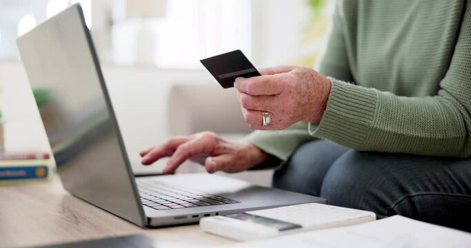 Woman hands, credit card and laptop in online shopping, home investment and banking or pension funding on sofa. Senior or elderly person typing on computer for payment plan, e commerce or transaction