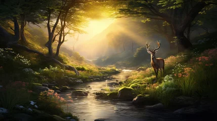 Fototapeten a serene, sun-dappled meadow, with a gentle stream winding through, and wild deer grazing peacefully amid the tall grasses and wildflowers © ra0