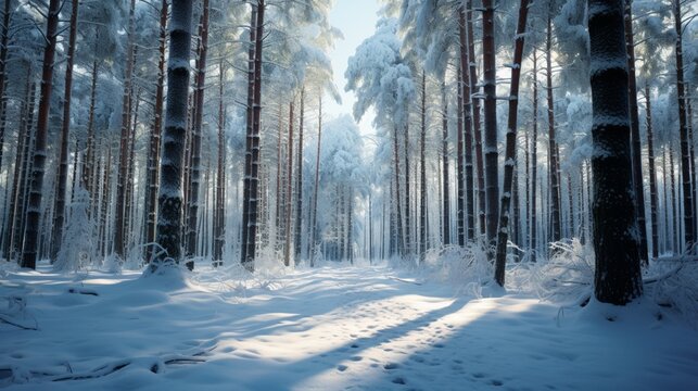 a serene snow-covered forest, with tall pine trees and a soft blanket of snow under the winter sun