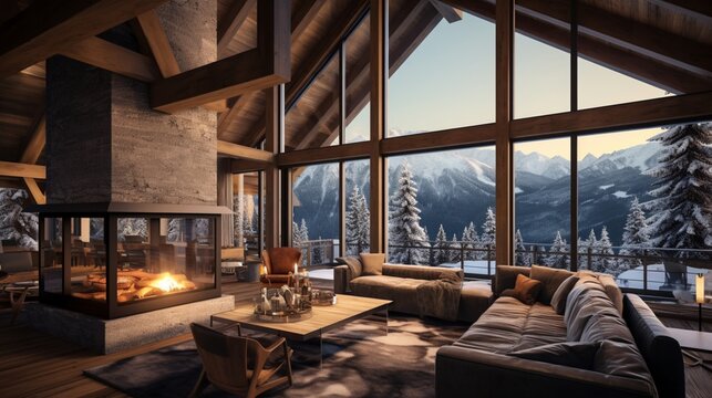 a ski chalet, with a roaring fireplace, timber beams, and panoramic windows offering views of snow-covered slopes in a winter wonderland