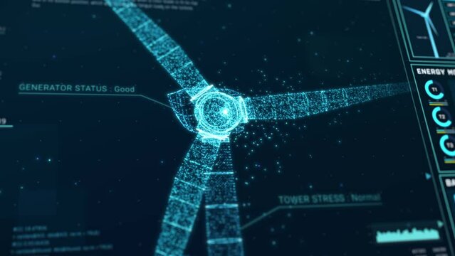 Futuristic wind turbine energy control center interface design, digital data network battery management system, green renewable power technology software, engineering iot HUD information 3d rendering