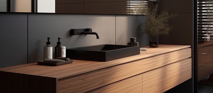 Modern bathroom sink with black tap and floor tiles imitating wood.