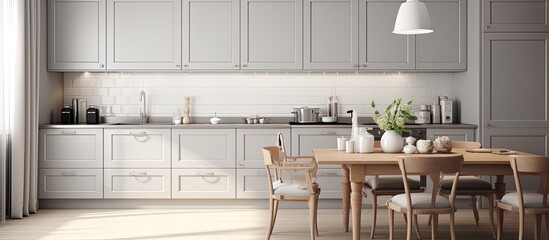 Minimalistic illustration of a Scandinavian kitchen with wooden and gray elements.