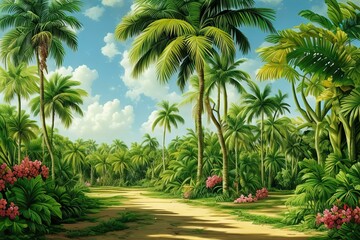 Cuban landscape of green plants, flowers and palms