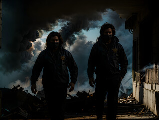 Men in a disaster scene: a dramatic image of two people who witness the destruction and smoke caused by a fire