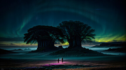 Night landscape with northern lights and giant trees: a fantastic image of a dream world lit by the sky lights