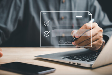 Businessman embraces digital transformation, signing business contract online. Illustrates...