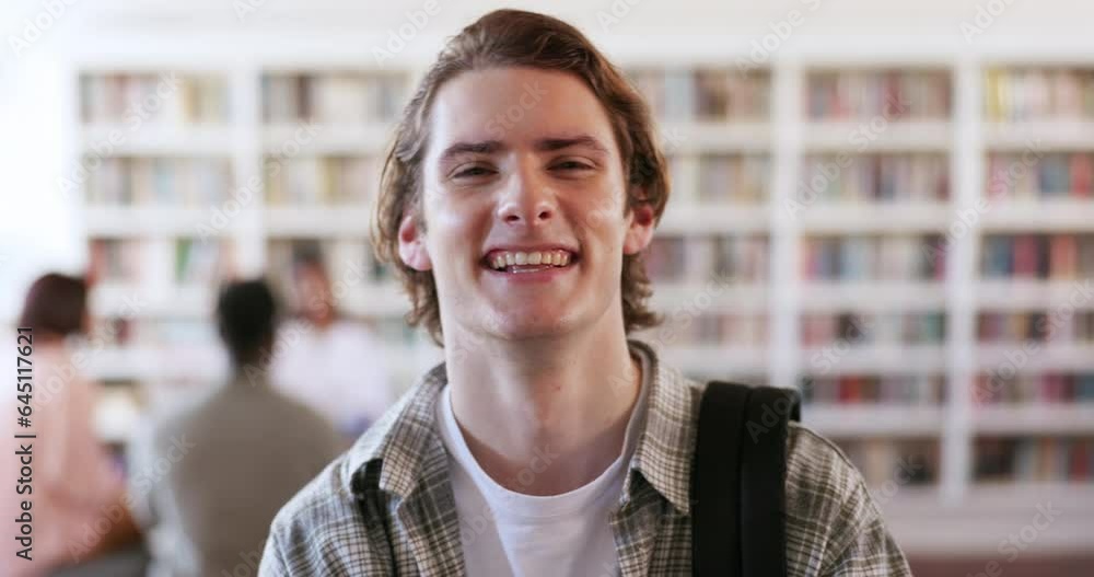 Poster student, college and library with face of man on campus for research, studying or learning. smile, f