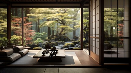 a traditional Japanese ryokan, with tatami mat floors, sliding shoji screens, and a serene garden, capturing the essence of Japanese hospitality