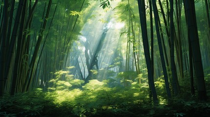 a tranquil bamboo forest, with towering green stalks swaying gently in the breeze and dappled sunlight filtering through the canopy