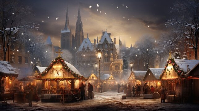 a traditional winter market in a European square, with vendors selling roasted chestnuts, mulled wine, and handmade crafts