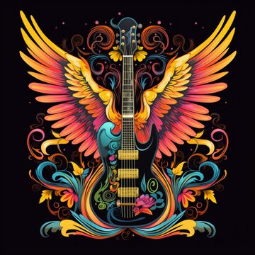 Guitar and wings tattoo watercolor splashes style. Rock and roll, t-shirt design. Symbol of music, musical festivals. Electric guitar art