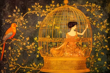 Fotobehang Oiseau et femme dans une cage dorée © Concept Photo Studio
