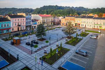 Aerial view of Market Square in Koronowo at sunrise. Kujawsko-pomorskie, Poland. - obrazy, fototapety, plakaty