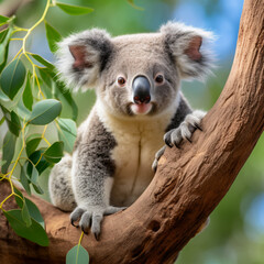Koala perched on a eucalyptus tree branch. AI Generative.