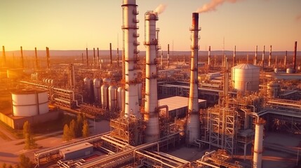 Fototapeta na wymiar Pipeline in oil industry factory on sunset background