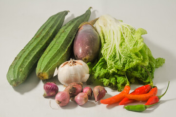 Two luffa gourd or oyong or gambas, a purple eggplant, a white mustard and garlics, onions, chilies...