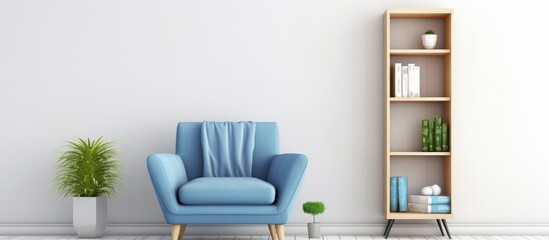 a contemporary living room with a blue armchair, wooden shelves, and white walls.