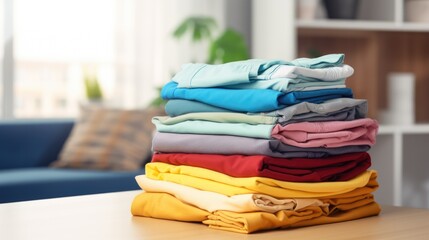 Fototapeta na wymiar New washed clean folded clothes, laundry concept, generative ai